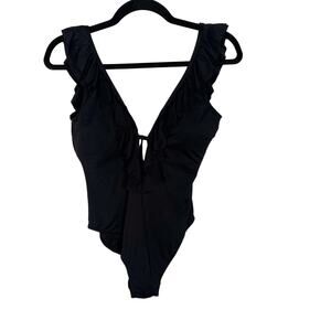Michael Kors Womens 10 Black Ruffle Deep V Neck One Piece Swim Suit Tie Back